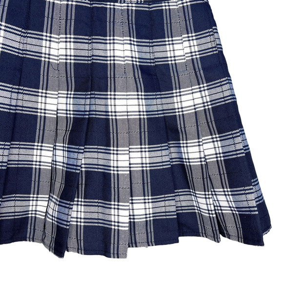Navy Blue White Plaid Mini Skirt Skort Size Medium Pleated Academia Preppy - Picture 2 of 5